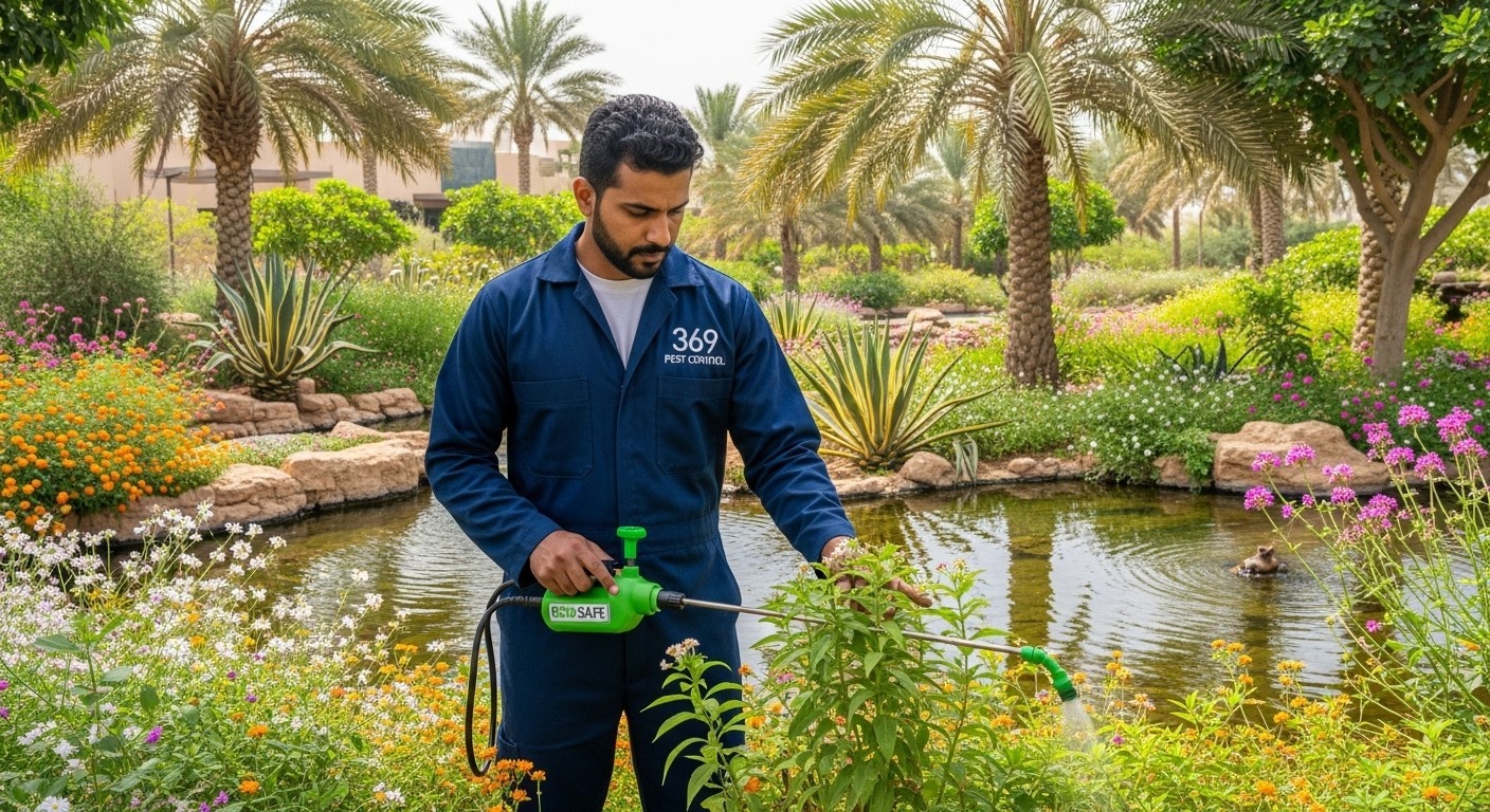 Technician performing mosquito control fogging in a Dubai villa garden